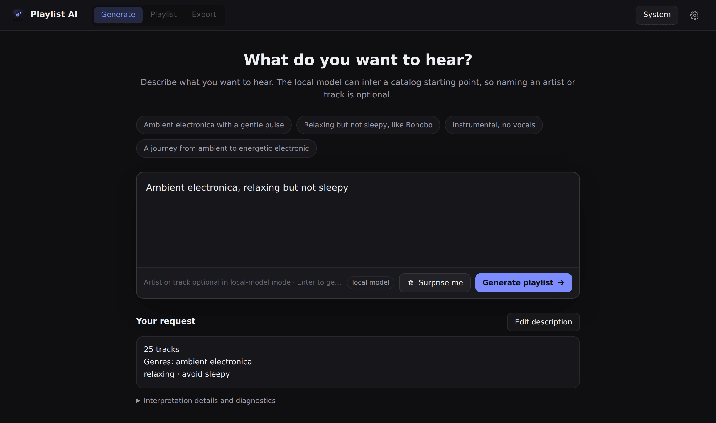 The Playlist AI desktop app's Generate screen, with the description “Ambient electronica, relaxing but not sleepy” and its parsed request: 25 tracks, genre ambient electronica, relaxing, avoid sleepy.