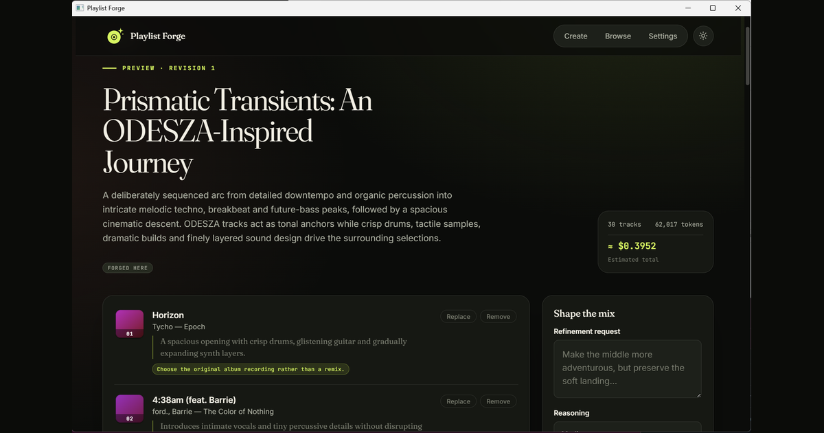 Playlist Forge – turn a sentence into a researched, ordered playlist
