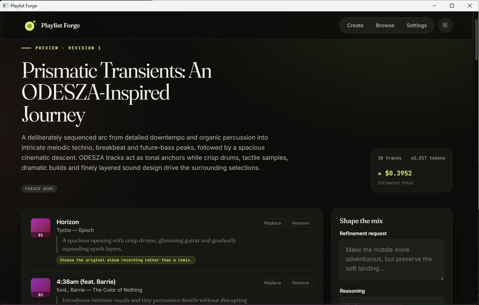 A finished playlist in Playlist Forge: the title 'Prismatic Transients', a description of its sequenced arc, a cost estimate, and a tracklist where each track carries a rationale and a recording note, beside a refinement panel.